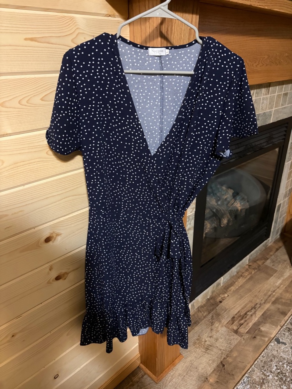 Polka Dot Navy Wrap Mini Dress with Ruffle Hem